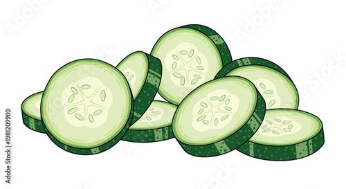 Fresh vibrant cucumber slices piled together, showcasing their crisp green skin and refreshing, seeded interior, perfect for healthy dishes.
