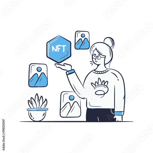 Young woman holding NFT token surrounded by digital art images, concept of crypto art investment