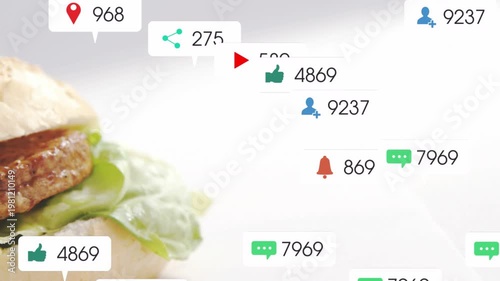 Sesame burger occupying left with engagement badges spawning from right clustering around product