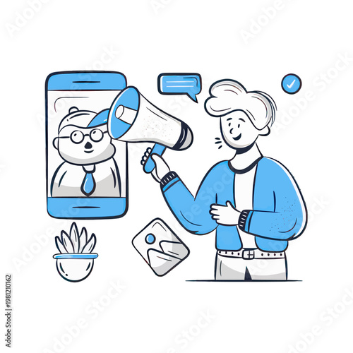 Man with Megaphone Promoting NFT Art Auction on Smartphone Screen, Digital Illustration