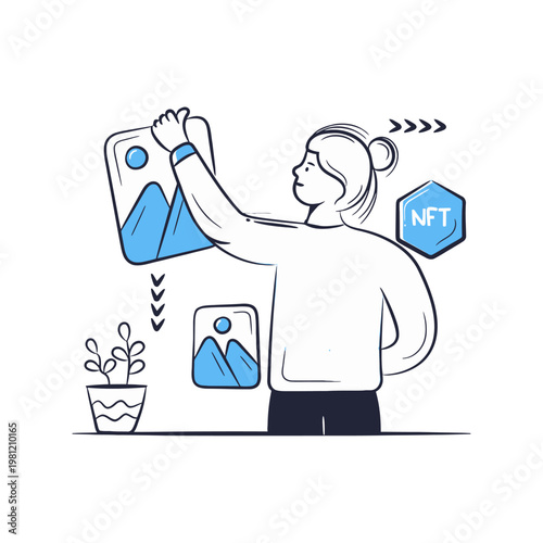 Woman showcases NFT digital art artwork, displaying crypto collectible with blockchain technology symbols