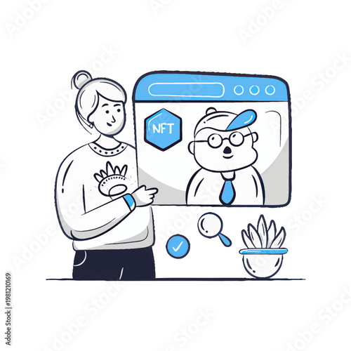 Young woman interacts with digital art NFT displayed on a computer screen, modern illustration
