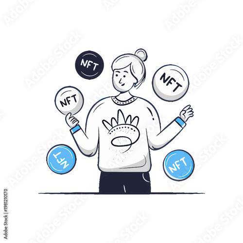 Young woman juggling NFT coins, illustration of cryptocurrency and digital art investment