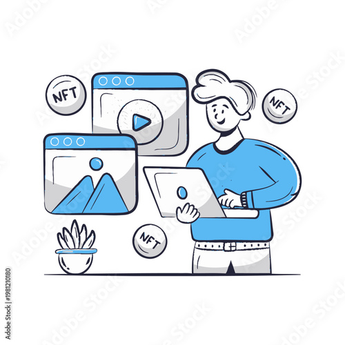 Man Interacting with NFT Marketplace and Digital Art Interfaces on Laptop, Blockchain Technology Concept