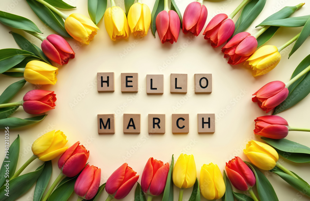 Obraz premium Red and yellow tulips surround wooden tiles that spell hello march. Fresh flowers with green stems and leaves on a light cream background, celebrating spring.