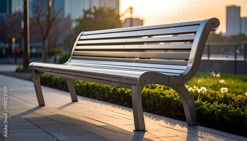 Silver park bench on stone walkway in a sunny city setting with greenery and blurred buildings behind