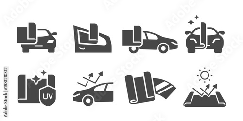 Car film wraps icon set. It includes protect, business, car wrapping, vehicle wrap and more solid icons.