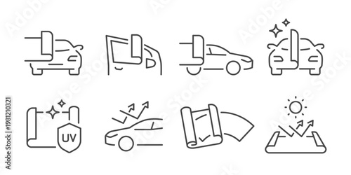 Car film wraps icon set. It includes protect, business, car wrapping, vehicle wrap and more icons. Editable Vector Stroke.
