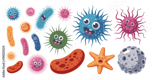 Funny Cartoon Microbes and Virus Characters with Silly Faces
