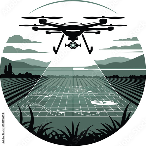 Professional drone flying over agricultural fields scanning crops with digital grid technology for precision farming and smart industrial agriculture