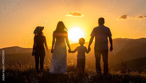Silhouetted family of four on hill holding hands, sun setting behind mountains, warm glow, scenic landscape, peaceful