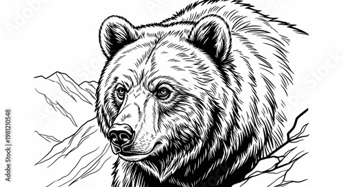 Detailed illustration of a grizzly bear in a mountainous landscape