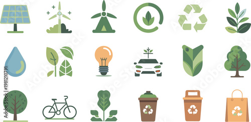 Eco friendly icons, sustainable living symbols, green energy signs, recycling logos, environmental illustrations