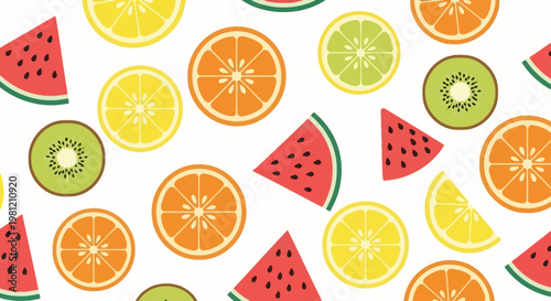 Seamless vector pattern featuring fresh slices of juicy citrus fruits like lemon, orange, lime, and grapefruit for a healthy and sweet tropical food illustration