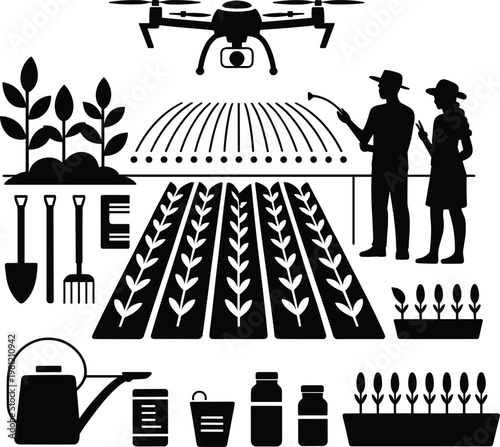 Sustainable Smart Farming Concept Featuring Agricultural Drone Technology, Precision Irrigation, Professional Farmers, Garden Tools, and Young Plant Seedling Growth