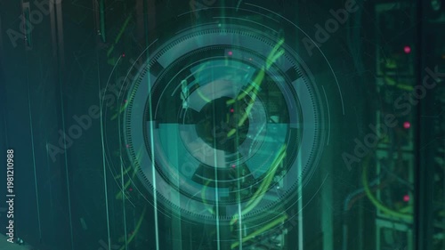 Small HUD appearing over server rack, expanding rings and pulsing LEDs, visualizing network status