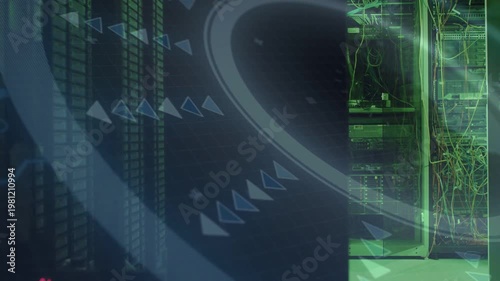 Translucent overlay shifting over racks, causing arrows and revealing cables to show network flow