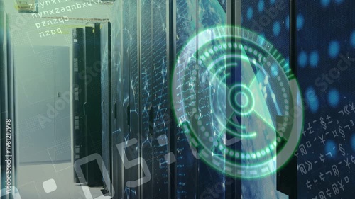 Overlay appearing, HUD rotating, nodes pulsing, code scrolling across racks to show status