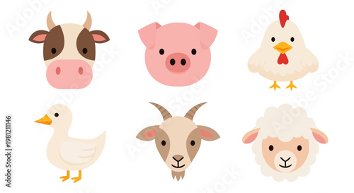 Funny cartoon animal collection featuring a vector set of cute farm and wild pets like a cat, dog, cow, and lion character heads for a baby zoo safari illustration