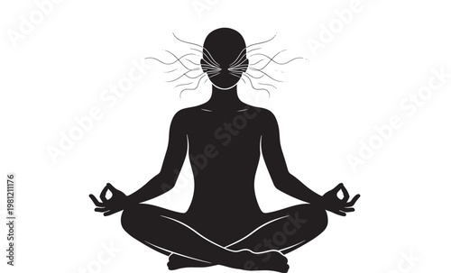 Meditation yoga pose silhouette with hands in lotus position and abstract aura lines for mindful calm wellness design