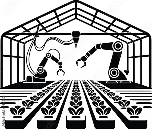 Automated smart farming greenhouse with industrial robotic arms monitoring and harvesting organic leafy green plants in modern interior