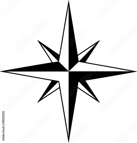 A striking compass rose, a navigational tool. It features a sharp, symmetrical design
