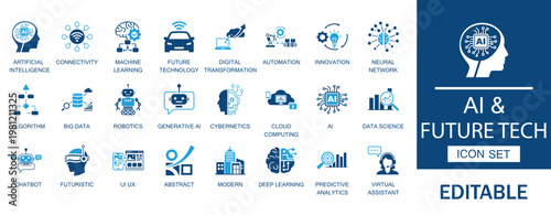 AI and future technology icons set. Includes artificial intelligence, machine learning, robotics and chatbot elements. Perfect for futuristic web, apps and infographics.