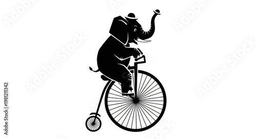Black silhouette of an elephant riding a penny-farthing bicycle