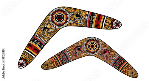 Two Australian Aboriginal boomerangs with traditional dot painting art isolated on white