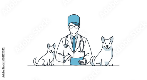 Veterinarian examining two dogs in a clinic line art illustration