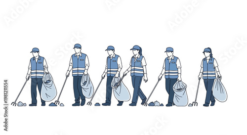 Group of volunteers in blue uniforms cleaning up trash and litter