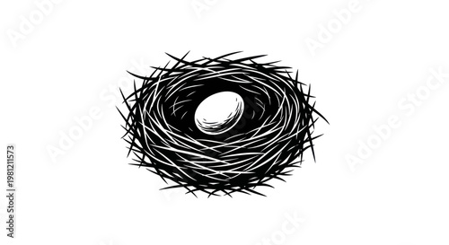 Black and white hand drawn illustration of a bird nest with a single egg.