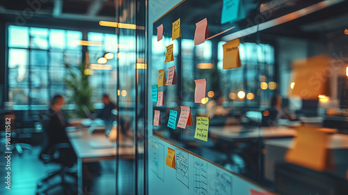 A glass board filled with colorful sticky notes stands in a modern office during a collaborative brainstorming session. Innovation, teamwork, and agile planning create a dynamic business workspace con