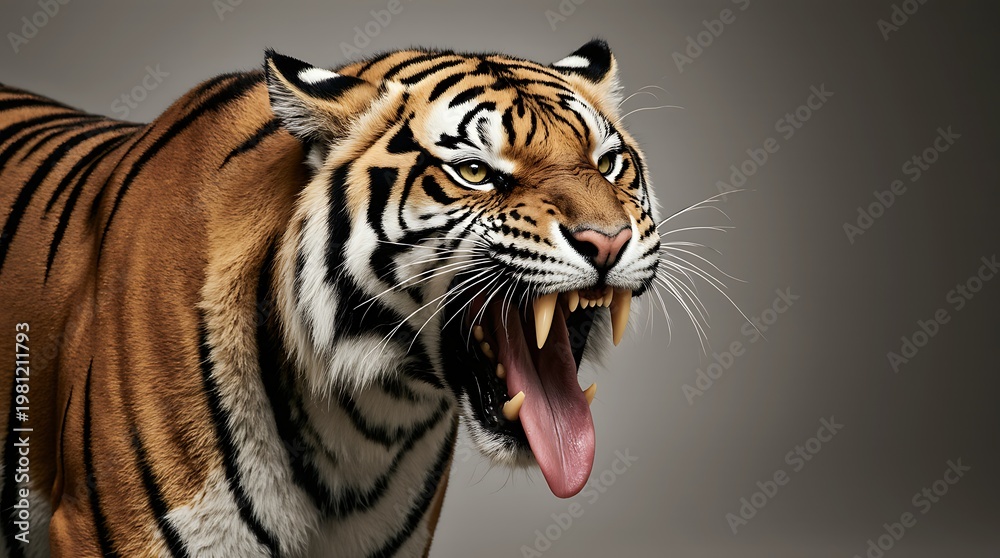 Fototapeta premium Angry wild tiger shows teeth roaring loud in a dark dramatic studio.