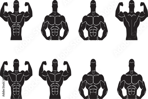 Muscular man silhouette icon set on transparent background showing various poses and muscles