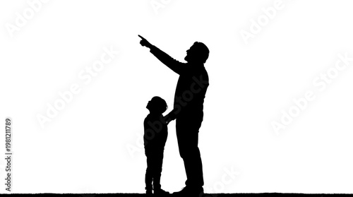 Full length silhouette of father and son standing together with man pointing toward something isolated on white background
