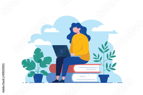 Flat minimalist of person watering green plants in office setting