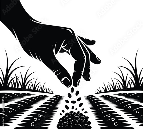 Black and white vector illustration of a hand planting seeds in soil furrows on a farm for agriculture