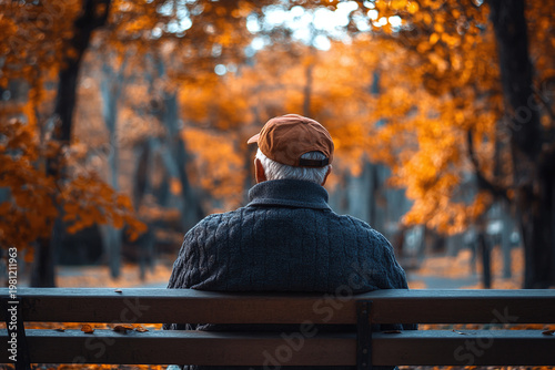 An elderly man sits alone on a park bench surrounded by warm autumn colors in a quiet reflective moment. Retirement, loneliness, and social support create a thoughtful aging and pension concept.