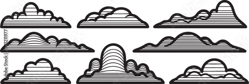 A collection of simple, clean line drawings of cakes and pastries Vector