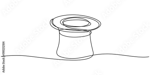 Continuous line drawing top hat, elegant fashion accessory, minimalist vector illustration, black and white