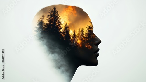 Nature-inspired portrait of a woman forest fire background digital art surreal environment frontal view beauty and emotion