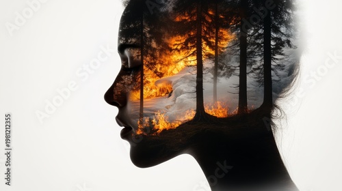 Wildfire impact on human emotions forest area digital art surreal environment profile view climate change awareness