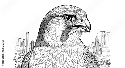 Detailed illustration of a peregrine falcon with desert landscape background