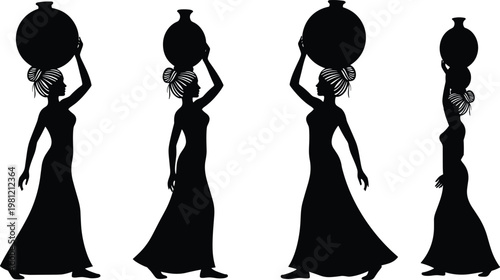 African woman carrying water pot silhouettes, traditional lifestyle, cultural activity concept, village life illustration, black isolated figures, ethnic design, daily routine scene
