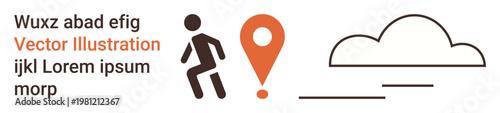 Navigation, travel, location tracking, wayfinding, digital maps, user guides. Minimalist icons showing a location pin, person icon and cloud graphic. Navigation and location tracking