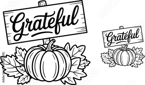 Grateful, thankful, autumn, pumpkin, sign, vector icons, 2 designs