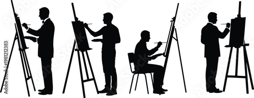 Artist painting on easel silhouettes collection, creative process poses, art studio concept, painter lifestyle, black isolated figures, drawing illustration set, creativity