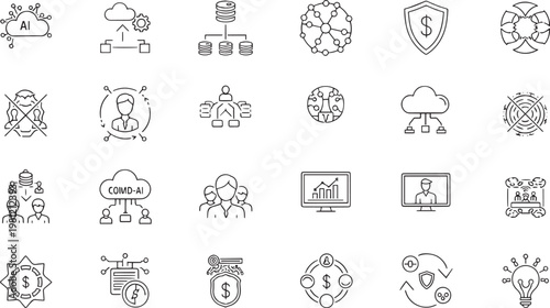 Digital Business Icons Set for AI, Fintech, Data Security, and Tech