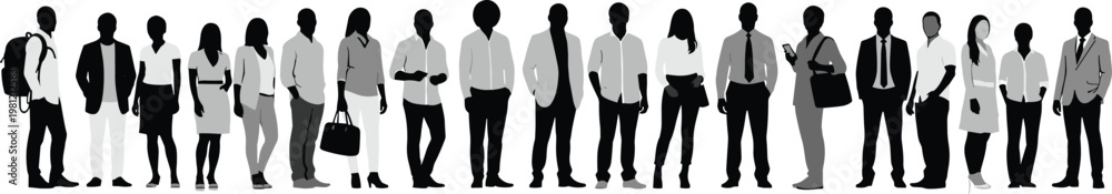 Fototapeta premium Business people silhouettes collection, diverse professionals standing row, office workers group set, corporate characters illustration, isolated black and white human figures bundle